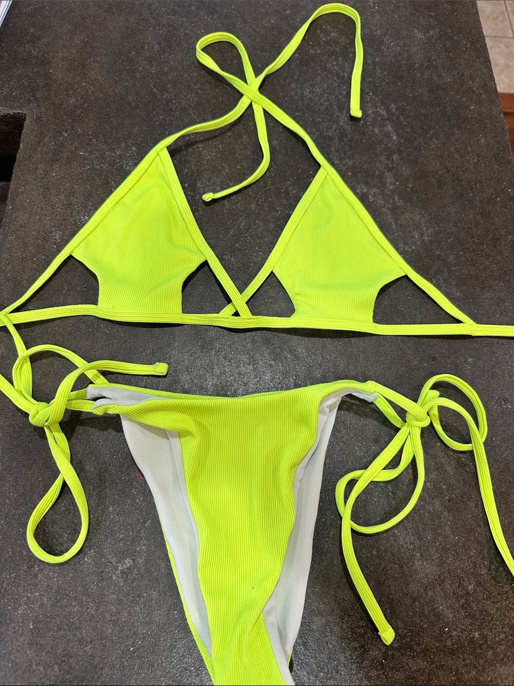 Neon Yellow Ribbed Triangle String Bikini Set